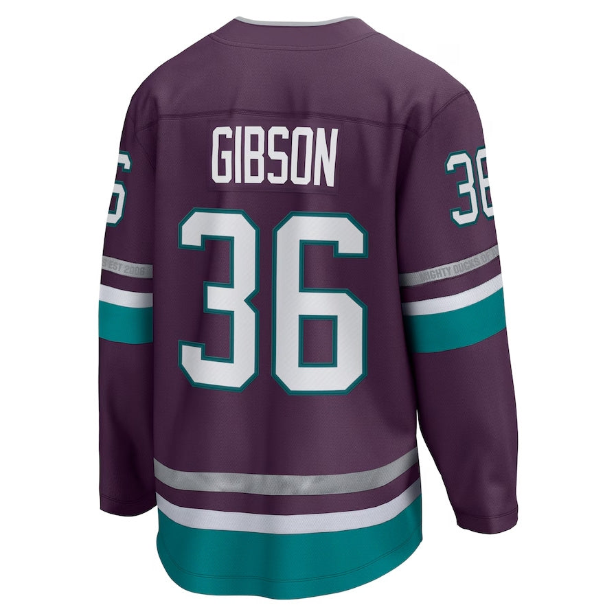 A.Ducks #36 John Gibson Fanatics 30th Anniversary Premier Breakaway Jersey - Purple Stitched American Hockey Jerseys CustomName