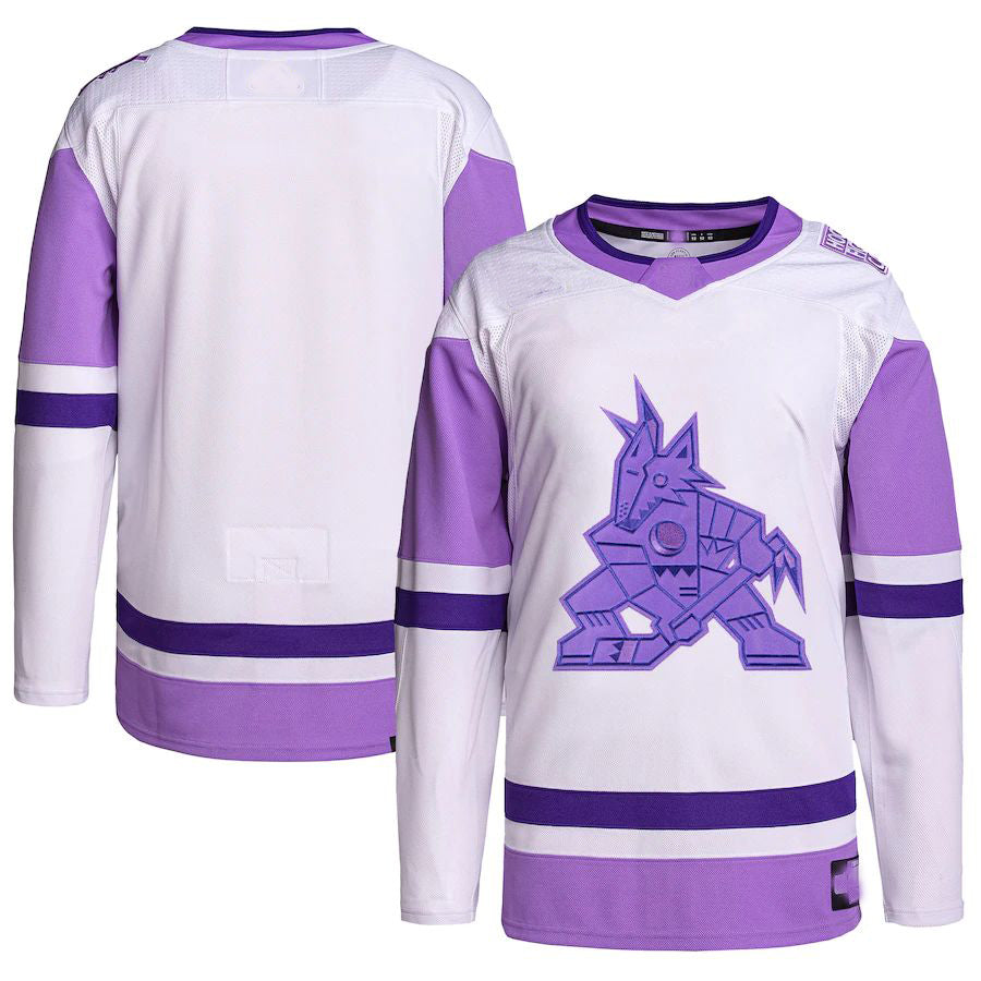 A.Coyotes Hockey Fights Cancer Primegreen Authentic Blank Practice Jersey White Purple Stitched American Hockey Jerseys CustomName