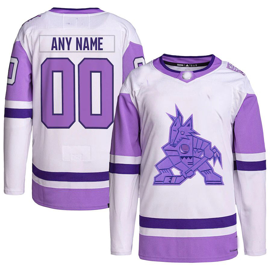 Custom A.Coyotes Hockey Fights Cancer Primegreen Authentic Jersey White Purple Stitched American Hockey Jerseys CustomName