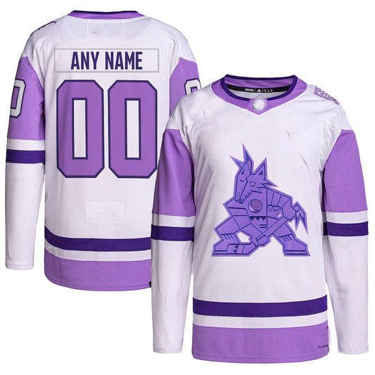Custom A.Coyotes Hockey Fights Cancer Primegreen Authentic Jersey White Purple Stitched American Hockey Jerseys CustomName