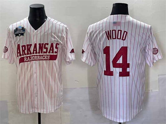 A.Razorbacks #14 Gage Wood White Pinstripe 2025 World Series Stitched American College Jerseys