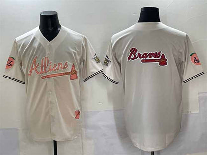 Atlanta Braves Team Big Logo Cream 2024 Atliens & Peach With Outkast Patch Vapor Limited Stitched Baseball Jersey