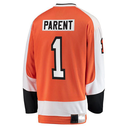 P.Flyers #1 Bernie Parent Fanatics Branded Premier Breakaway Retired Player Jersey  Orange Stitched American Hockey Jerseys CustomName