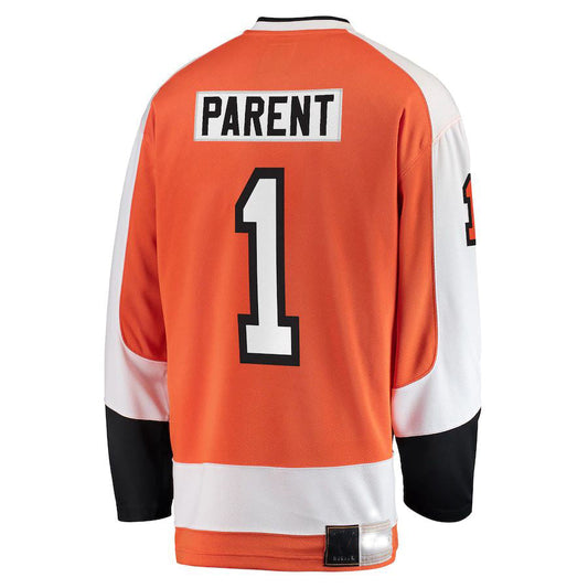 P.Flyers #1 Bernie Parent Fanatics Branded Premier Breakaway Retired Player Jersey  Orange Stitched American Hockey Jerseys CustomName