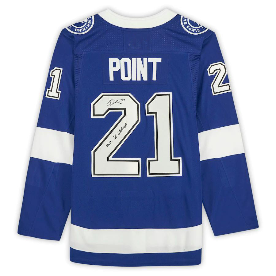 TB.Lightning #21 Brayden Point Fanatics Authentic Autographed with 2020 SC Champs Inscription Blue Stitched American Hockey Jerseys CustomName