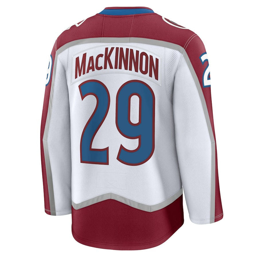 C.Avalanche #29 Nathan MacKinnon Fanatics Away Premium Jersey - White Stitched American Hockey Jerseys CustomName