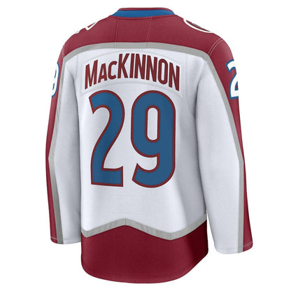 C.Avalanche #29 Nathan MacKinnon Fanatics Away Premium Jersey - White Stitched American Hockey Jerseys CustomName