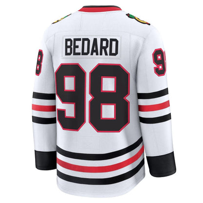 C.Blackhawks #98 Connor Bedard Fanatics Away Premium Jersey - White Stitched American Hockey Jerseys CustomName