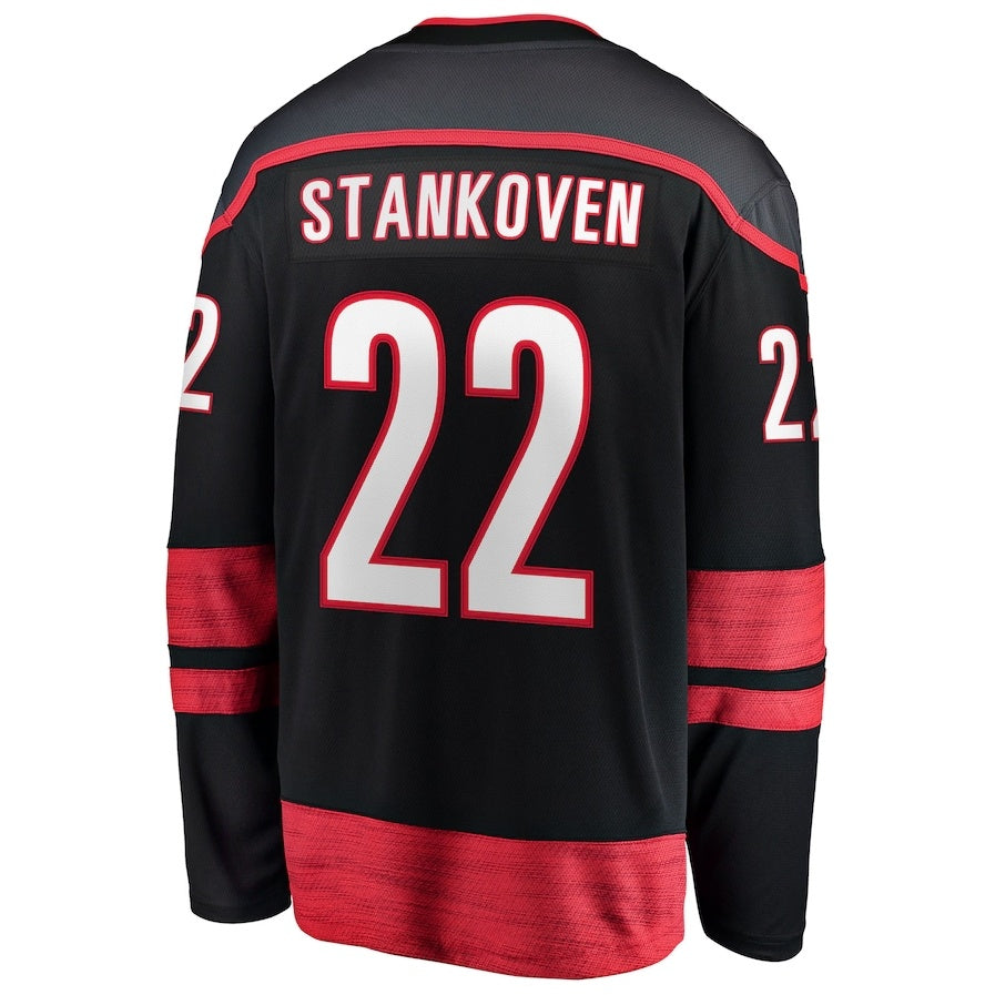 C.Hurricanes #22 Logan Stankoven Fanatics Home Breakaway Jersey - Black Stitched American Hockey Jerseys CustomName