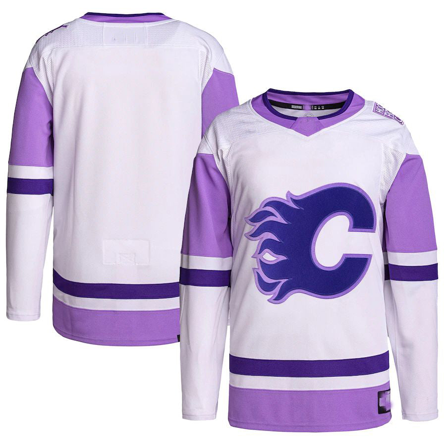 C.Flames Hockey Fights Cancer Primegreen Authentic Blank Practice Jersey White Purple Stitched American Hockey Jerseys CustomName