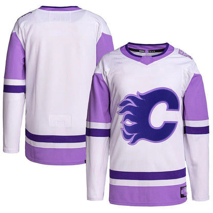 C.Flames Hockey Fights Cancer Primegreen Authentic Blank Practice Jersey White Purple Stitched American Hockey Jerseys CustomName