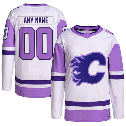 Custom C.Flames Hockey Fights Cancer Primegreen Authentic Jersey White Purple Stitched American Hockey Jerseys CustomName