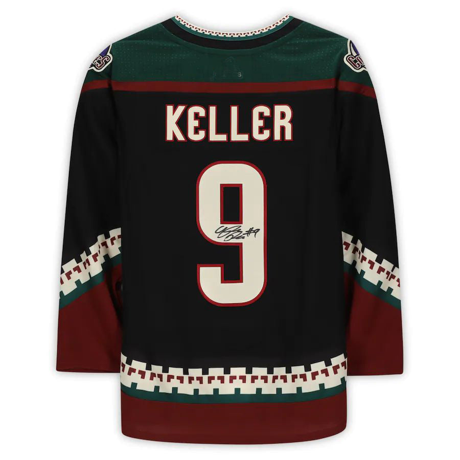 A.Coyotes #9 Clayton Keller Fanatics Authentic Autographed Kachina Alternate Jersey with 25th Anniversary Season Patch Black Stitched American Hockey Jerseys CustomName