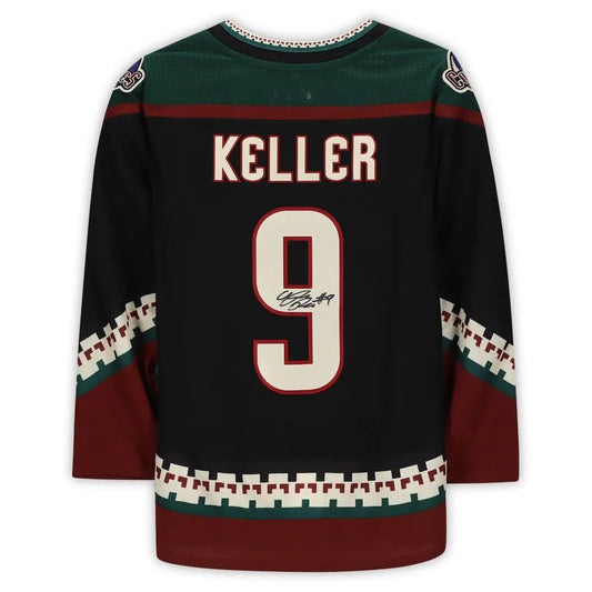 A.Coyotes #9 Clayton Keller Fanatics Authentic Autographed Kachina Alternate Jersey with 25th Anniversary Season Patch Black Stitched American Hockey Jerseys CustomName
