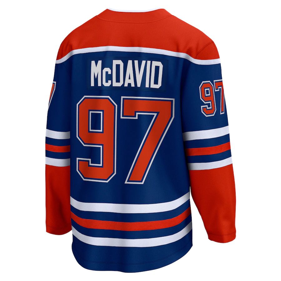E.Oilers #97 Connor McDavid Fanatics Branded Home Premier Breakaway Player Jersey Royal Stitched American Hockey Jerseys CustomName