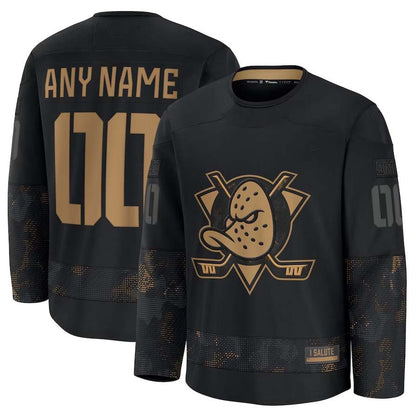 Custom A.Ducks Fanatics 2024 Military Appreciation Personalized Long Sleeve Practice Jersey - Black Stitched American Hockey Jerseys CustomName