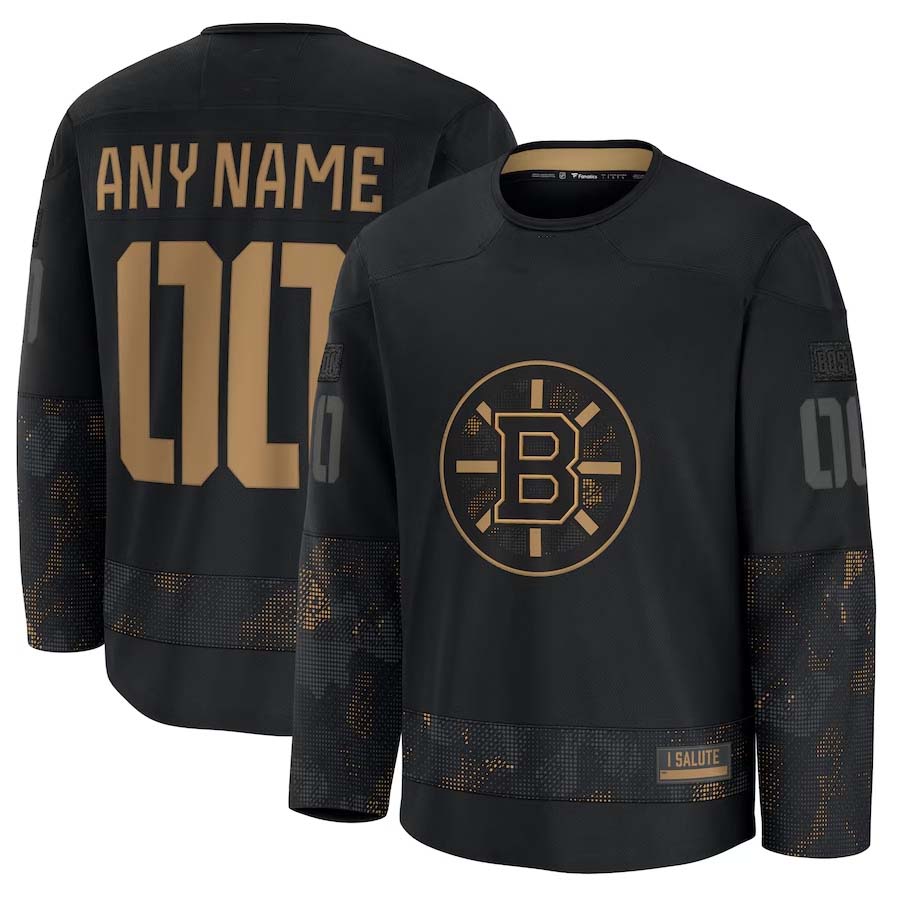Custom B.Bruins Fanatics 2024 Military Appreciation Personalized Long Sleeve Practice Jersey - Black Stitched American Hockey Jerseys CustomName
