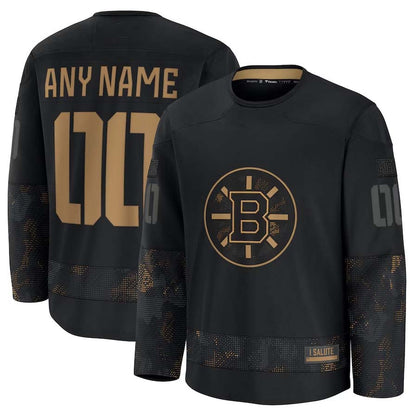 Custom B.Bruins Fanatics 2024 Military Appreciation Personalized Long Sleeve Practice Jersey - Black Stitched American Hockey Jerseys CustomName