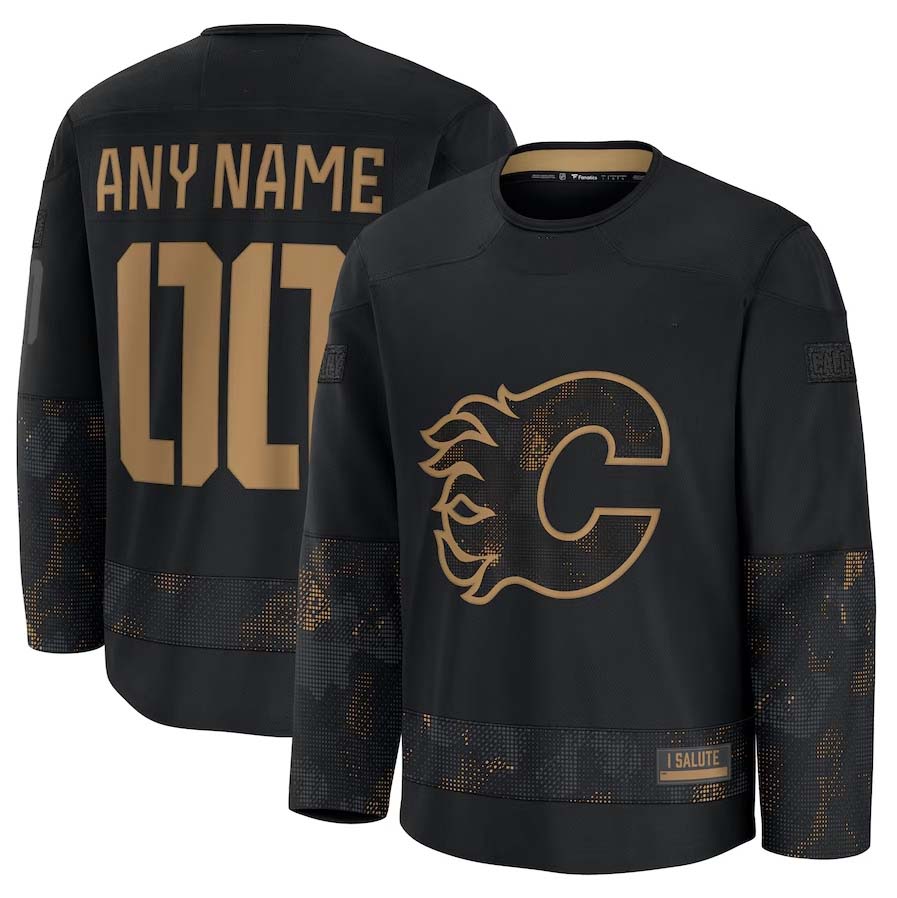 Custom C.Flames Fanatics 2024 Military Appreciation Personalized Long Sleeve Practice Jersey - Black Stitched American Hockey Jerseys CustomName