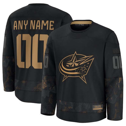 Custom C.Blue Jackets Fanatics 2024 Military Appreciation Personalized Long Sleeve Practice Jersey - Black Stitched American Hockey Jerseys CustomName