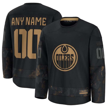 Custom E.Oilers Fanatics 2024 Military Appreciation Personalized Long Sleeve Practice Jersey - Black Stitched American Hockey Jerseys CustomName