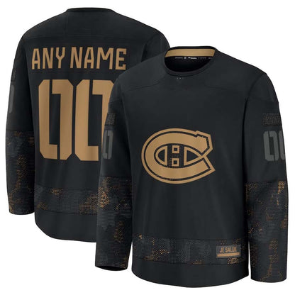 Custom M.Canadiens Fanatics 2024 Military Appreciation Personalized Long Sleeve Practice Jersey - Black Stitched American Hockey Jerseys CustomName