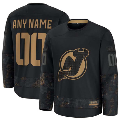Custom NJ.Devils  Fanatics 2024 Military Appreciation Personalized Long Sleeve Practice Jersey - Black Stitched American Hockey Jerseys CustomName
