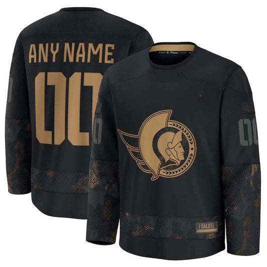 Custom O.Senators Fanatics 2024 Military Appreciation Personalized Long Sleeve Practice Jersey - Black Stitched American Hockey Jerseys CustomName