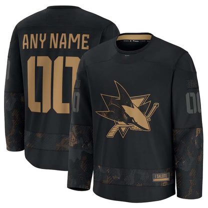 Custom SJ.Sharks Fanatics 2024 Military Appreciation Personalized Long Sleeve Practice Jersey - Black Stitched American Hockey Jerseys CustomName