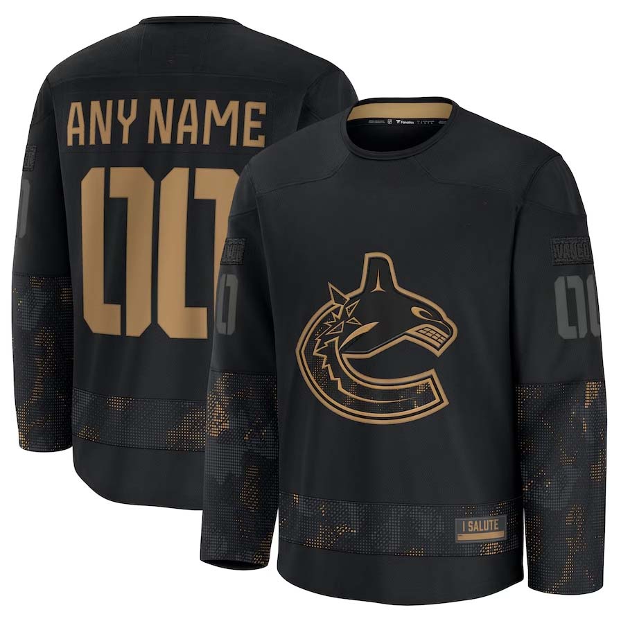 Custom V.Canucks Fanatics 2024 Military Appreciation Personalized Long Sleeve Practice Jersey - Black Stitched American Hockey Jerseys CustomName
