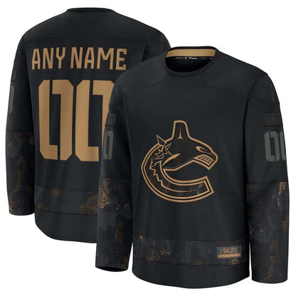 Custom V.Canucks Fanatics 2024 Military Appreciation Personalized Long Sleeve Practice Jersey - Black Stitched American Hockey Jerseys CustomName