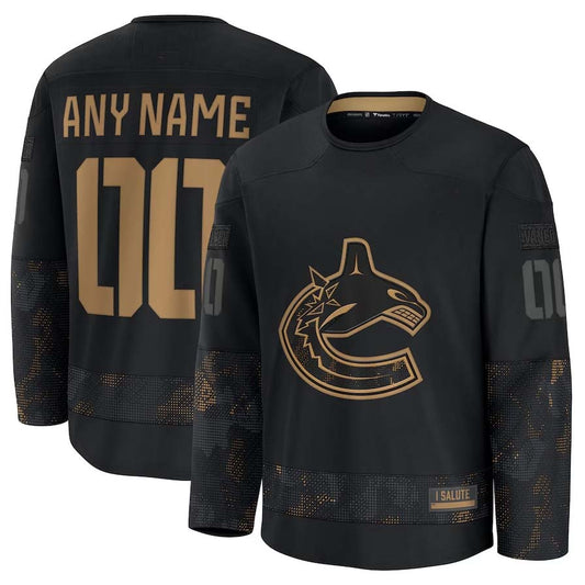Custom V.Canucks Fanatics 2024 Military Appreciation Personalized Long Sleeve Practice Jersey - Black Stitched American Hockey Jerseys CustomName