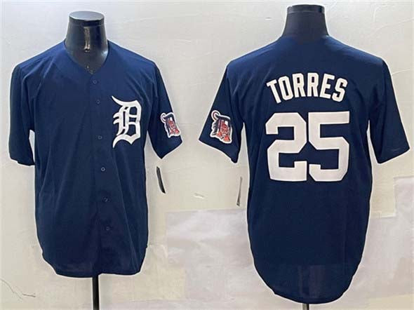 Detroit Tigers #25 Gleyber Torres Navy With Patch Cool Base Stitched Baseball Jersey