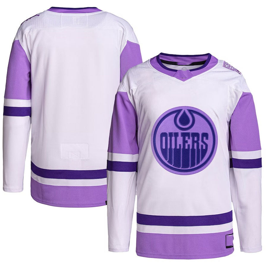 E.Oilers Hockey Fights Cancer Primegreen Authentic Blank Practice Jersey - White/Purple Stitched American Hockey Jerseys CustomName