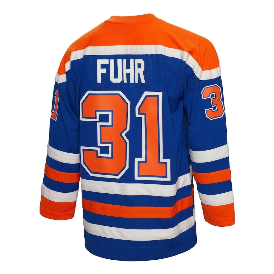 E.Oilers #31 Grant Fuhr Mitchell & Ness 1986-87 Blue Line Player Jersey - Royal Stitched American Hockey Jerseys CustomName
