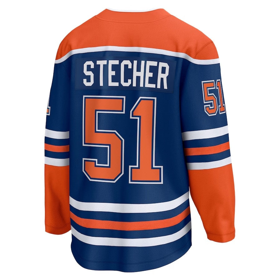 E.Oilers #51 Troy Stecher Fanatics Home Premier Breakaway Player Jersey - Royal Stitched American Hockey Jerseys CustomName