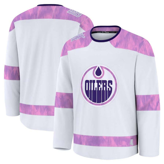 E.Oilers Fanatics 2024 Hockey Fights Cancer Practice Jersey - White Stitched American Hockey Jerseys CustomName