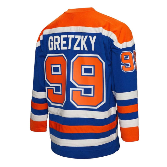 E.Oilers #99 Wayne Gretzky Mitchell & Ness Captain Patch 1986-87 Blue Line Player Jersey - Royal American Hockey Jerseys CustomName