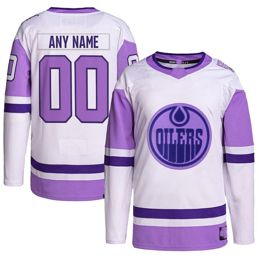 Custom E.Oilers Hockey Fights Cancer Primegreen Authentic White Purple Stitched American Hockey Jerseys CustomName