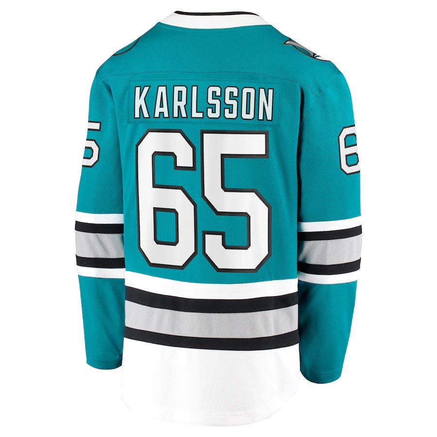 SJ.Sharks #65 Erik Karlsson Fanatics Branded 30th Anniversary Premier Breakaway Player Jersey  Teal Stitched American Hockey Jerseys CustomName