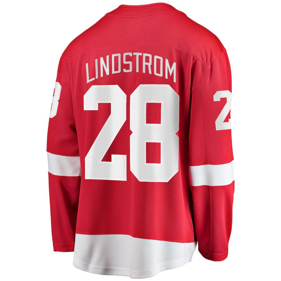 D.Red Wings #28 Gustav Lindstrom Fanatics Branded Home Breakaway Player Jersey Red Stitched American Hockey Jerseys CustomName