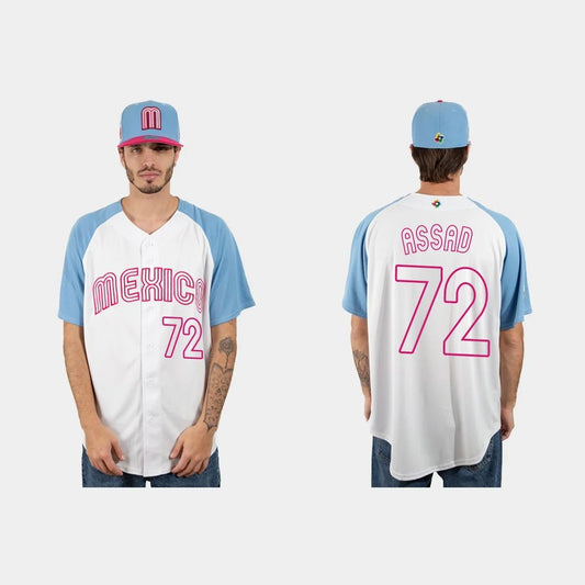 #72 JAVIER ASSAD MEXICO BASEBALL 2023 WORLD BASEBALL CLASSIC JERSEY ¨C WHITE BLUE Stitches Baseball Jerseys