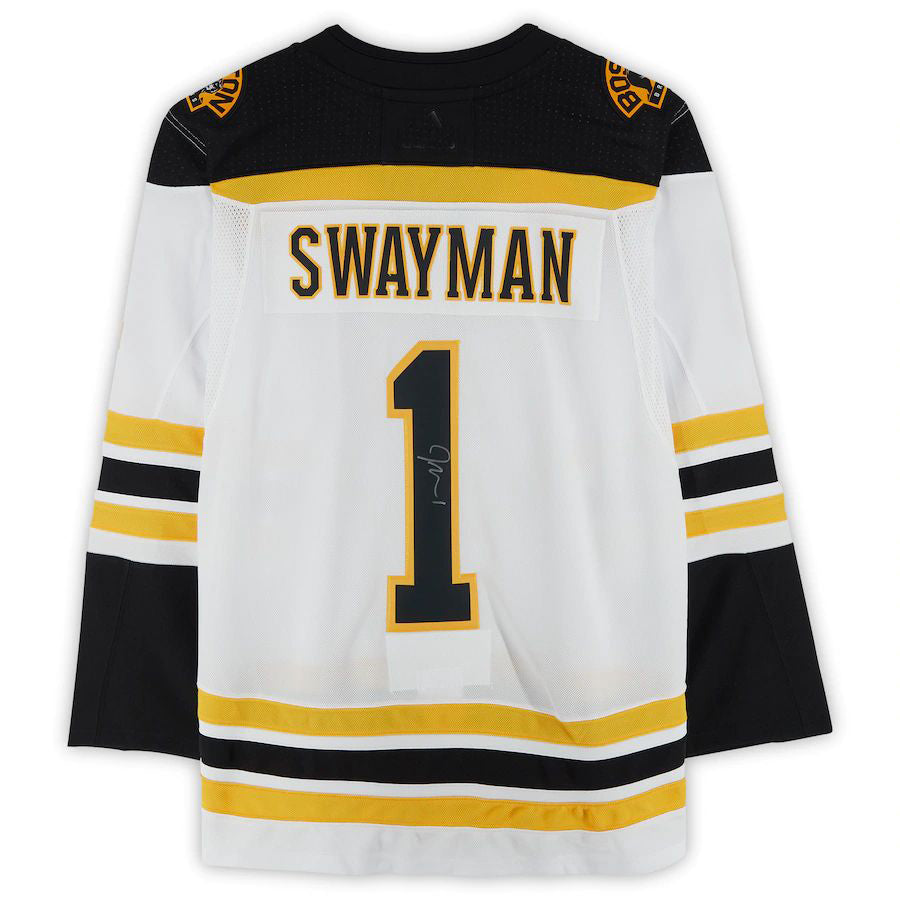 B.Bruins #1 Jeremy Swayman Fanatics Authentic Autographed Authentic Jersey White Black Stitched American Hockey Jerseys CustomName