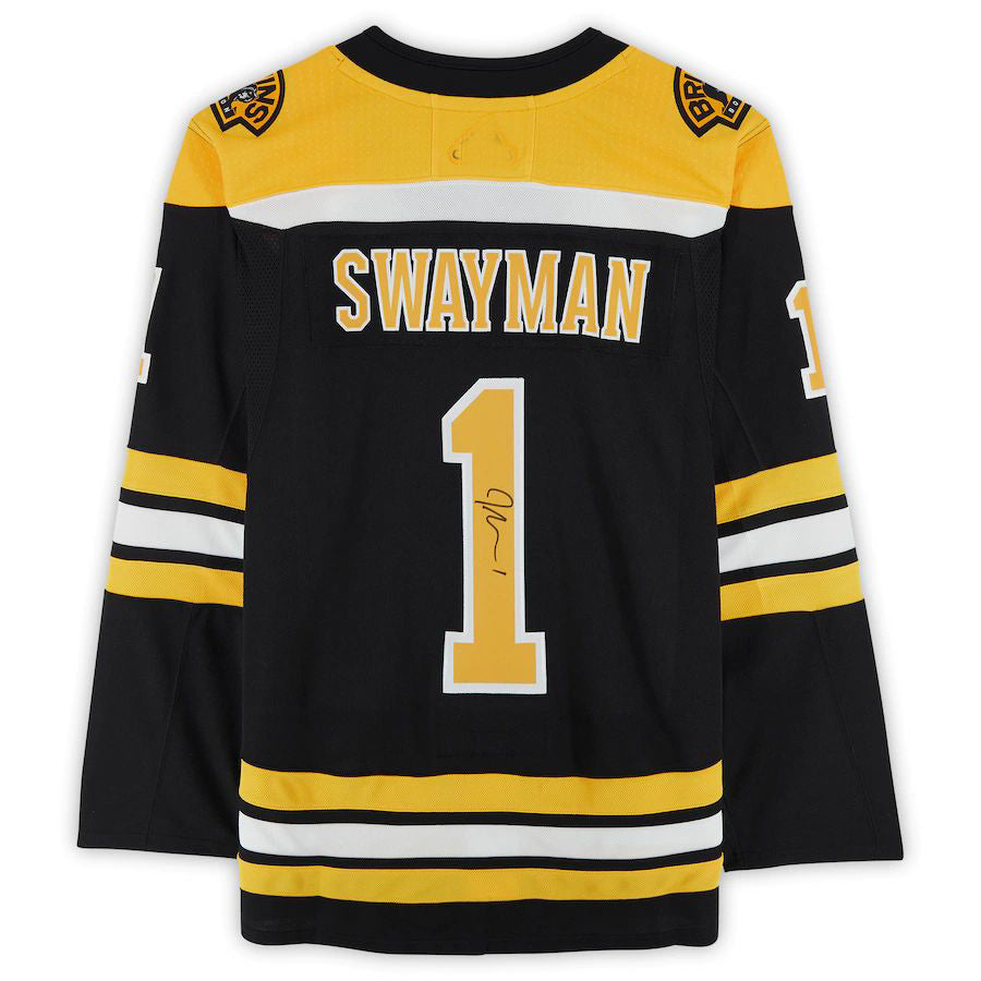 B.Bruins #1 Jeremy Swayman Fanatics Authentic Autographed Home Authentic Jersey Black Stitched American Hockey Jerseys CustomName