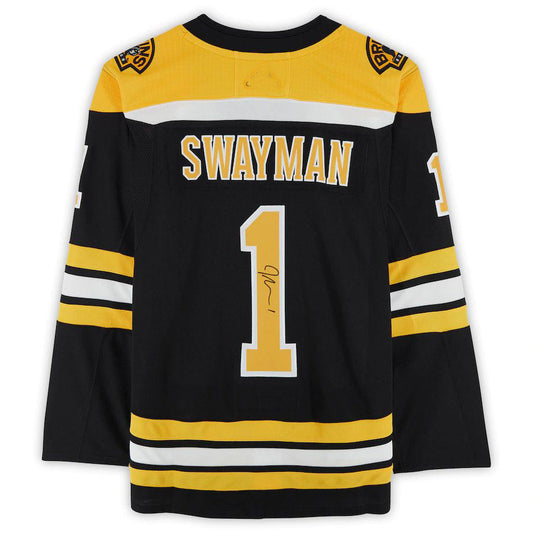 B.Bruins #1 Jeremy Swayman Fanatics Authentic Autographed Home Authentic Jersey Black Stitched American Hockey Jerseys CustomName
