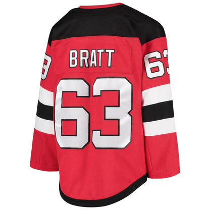 NJ.Devils #63 Jesper Bratt Home Premier Player Jersey Red Stitched American Hockey Jerseys CustomName