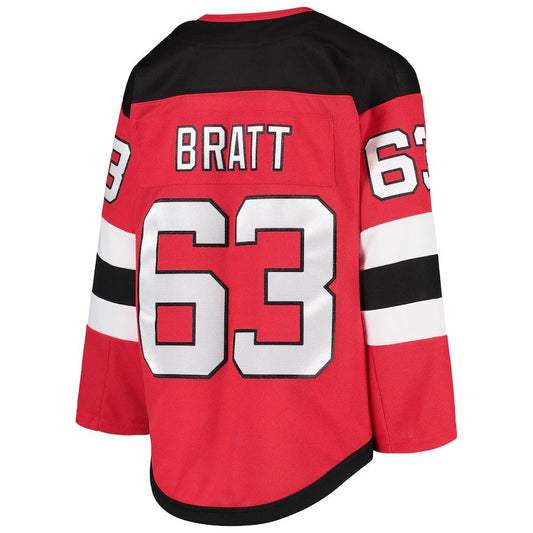NJ.Devils #63 Jesper Bratt Home Premier Player Jersey Red Stitched American Hockey Jerseys CustomName