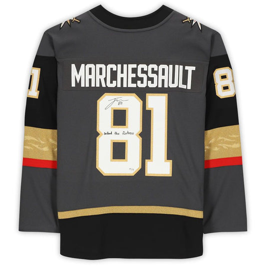 V.Golden Knights #81 Jonathan Marchessault Fanatics Authentic Autographed Breakaway Jersey with Defend the Fortress! Inscription Limited Edition of 17 Gray Hockey Jerseys CustomName