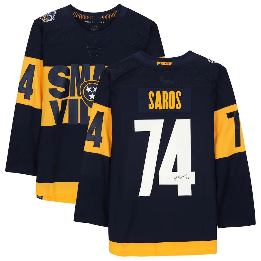 N.Predators #74 Juuse Saros Fanatics Authentic Autographed 2022 Stadium Series Jersey Navy Stitched American Hockey Jerseys CustomName