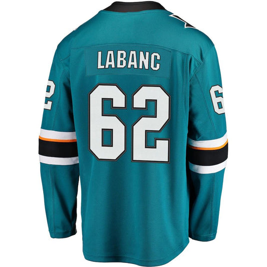 SJ.Sharks #62 Kevin Labanc Fanatics Branded Breakaway Jersey Teal Stitched American Hockey Jerseys CustomName